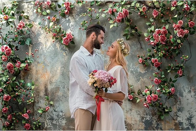 Baocicco 10x6.5ft Vinyl Old Floral Wall Photography Background Retro Texture Wall Grain Pink Rose Fairytale Birthday Backdrops Medieval Wedding Events Party Decorations Newborn Baby Shower Studio