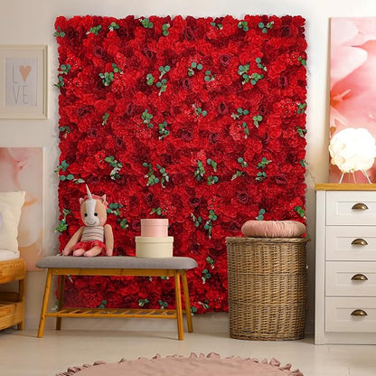 Artificial Flower Panels for Wall Backdrop 12Pack- 3D Floral Mat Silk Rose Hydrangea for Home Party Wedding Birthday Photo Background, Festival & Event Wall Décor（15 * 15 * 6.7inches, Dark Red）