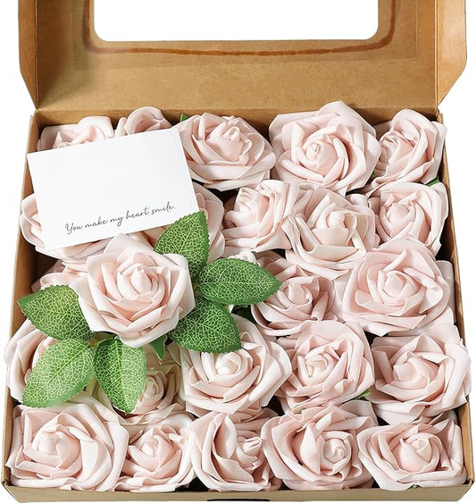 Meldel Artificial Flower 25pcs Real Looking Pink Fake Foam Roses with Stems for DIY Wedding Bouquets Gifts Bridal Shower Faux Floral Centerpieces Arrangements Home Party Tables Decorations
