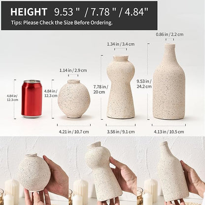 Ceramic Vase Set of 3 for Home Decor, Handcrafted Sesame Dot White Rustic Terracotta Vases, Vintage Farmhouse Decor, Minimalist Decorative Vases for Table Centerpiece Fireplace Nightstand Decoration