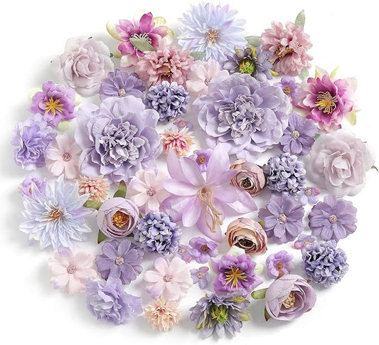 Artificial Flowers Heads Combo Purple Flowers Mix Silk Flowers Heads Bulk Faux Rose for Craft Garland Graduation Cap Wedding Bridal Baby Shower Home Party Decoration DIY Cake Decor