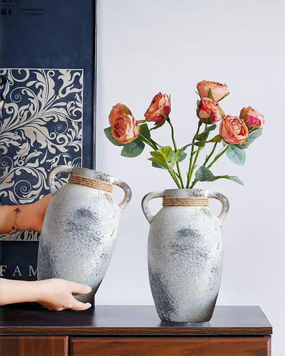 Ceramic Flower Vase with 2 Handles,9.8 inch Large Farmhouse Rustic Terracotta Vases for Decor，Gray