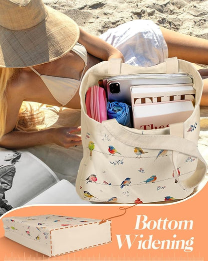 2 Pack Canvas Tote Bag - with Makeup Pouch Aesthetic Cute Women Reusable Canvas Bag for Shopping, Work, Travel