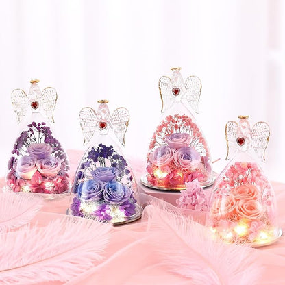 Mothers Day Rose Gifts for Women, Large Angel Figurines with Real Roses, Preserved Real Flower Rose for Her - Purple Blue