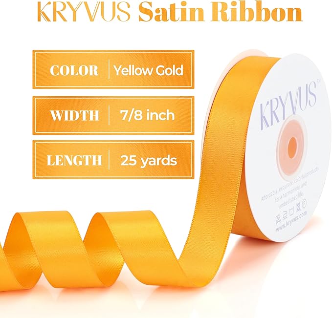 Yellow Gold Satin Ribbon, Double Faced 7/8 Inch X 25 Yards Yellow Gold Ribbon, Premium Satin Ribbon for Gift Wrapping, Crafts, Hair Bow Making, Sewing, Flower Bouquet, Wedding Party Decor
