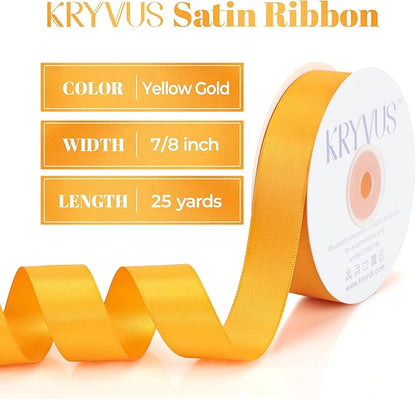 Yellow Gold Satin Ribbon, Double Faced 7/8 Inch X 25 Yards Yellow Gold Ribbon, Premium Satin Ribbon for Gift Wrapping, Crafts, Hair Bow Making, Sewing, Flower Bouquet, Wedding Party Decor