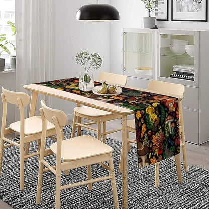 Nature Mushroom Table Runner,Retro Boho Floral Botanical Plant Forest Pattern Print Tablecloth Burlap for Hotel Indoors Outdoor Dining Room Kitchen Holiday Party, 13x108in