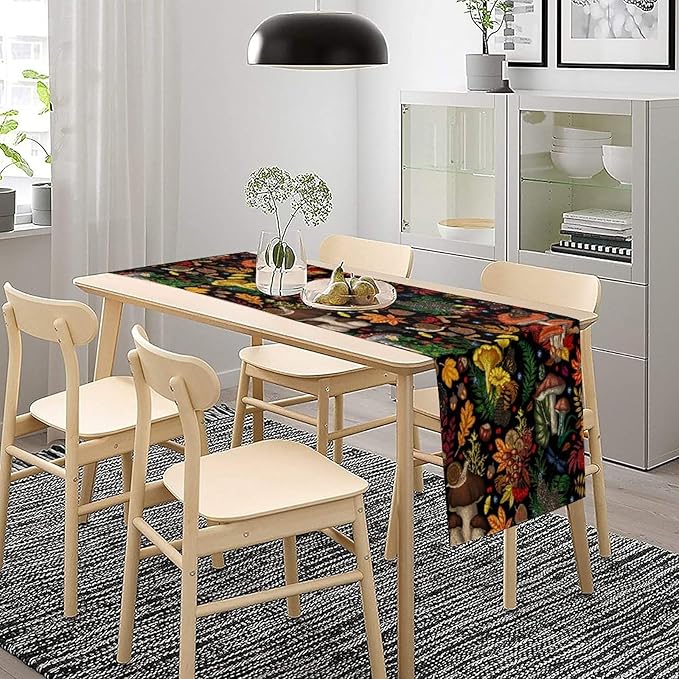 Nature Mushroom Table Runner,Retro Boho Floral Botanical Plant Forest Pattern Print Tablecloth Burlap for Hotel Indoors Outdoor Dining Room Kitchen Holiday Party, 13x60in