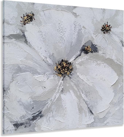 SYGALLERIER Abstract Flower Wall Art - Gray and White Floral Oil Painting with Gold Foil Embellishments - Handmade Canvas Wall Art 40x40 Inch