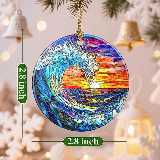 Christmas Ornaments, 2.8 Inch Ceramic Hanging Ornament, Christmas Tree Ornaments, Xmas Decorations, Holiday Decorations, Holiday Party Gifts, and Xmas Gift Ideas - Sunset On The Beach