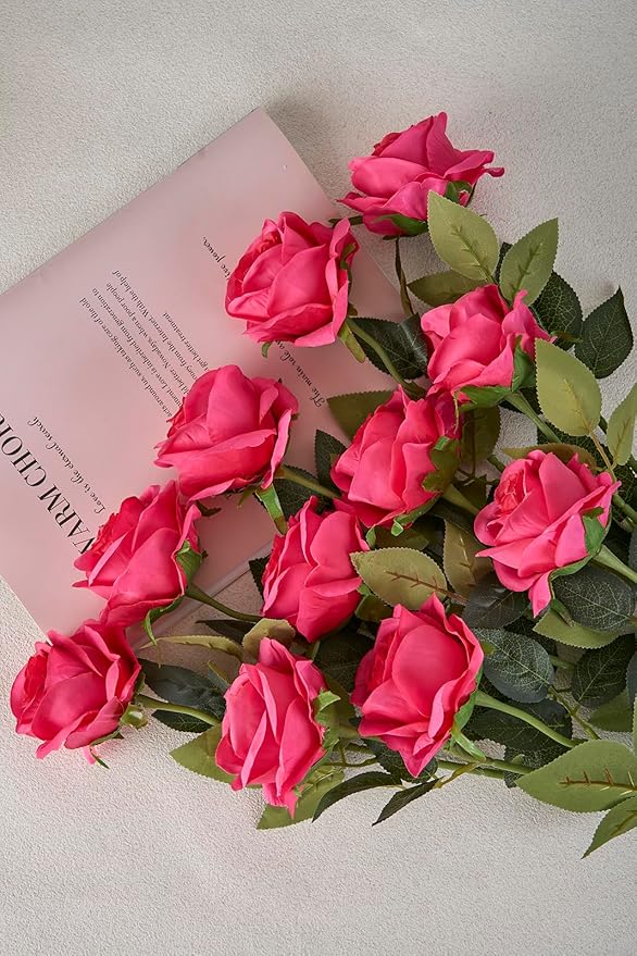 Laelfe 12 PCS Artificial Flowers Hot Pink Roses Silk Flowers Fake Long Stem Artificial Fuchsia Roses for Home Wedding Bathroom Kitchen Decorations (Hot Pink)