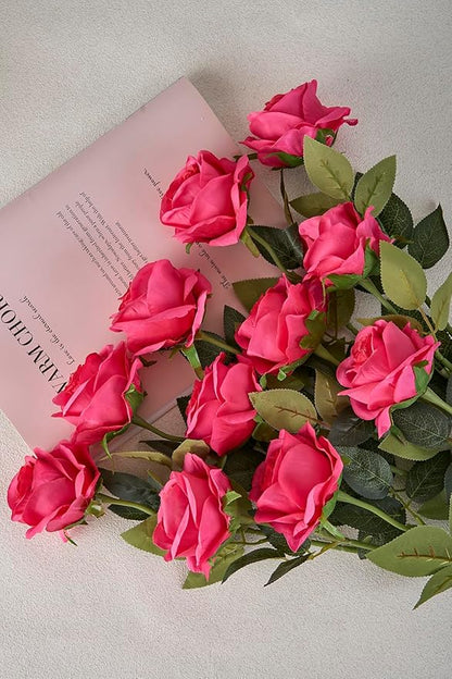 Laelfe 12 PCS Artificial Flowers Hot Pink Roses Silk Flowers Fake Long Stem Artificial Fuchsia Roses for Home Wedding Bathroom Kitchen Decorations (Hot Pink)