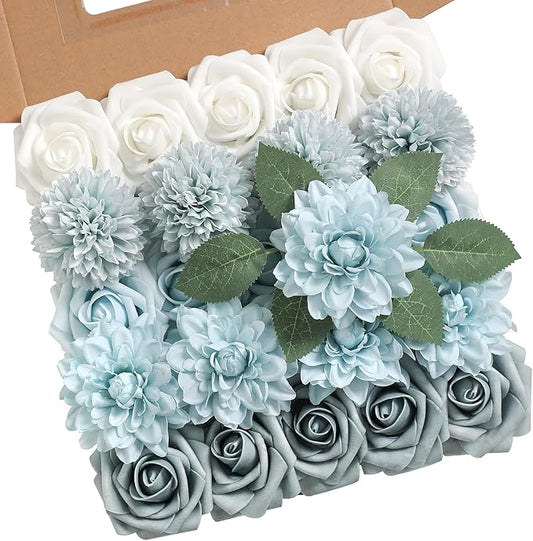 Artificial Flowers Combo Box Set Gradient Color Flower Leaf with Stems for DIY Wedding Bouquets Centerpieces Baby Shower Party Home Decorations(Dusty Blue)