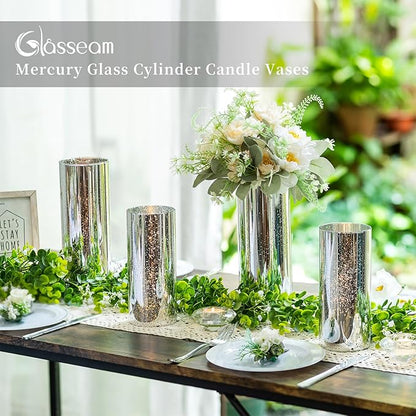 Silver Mercury Glass Cylinder Vase: Set of 12 Glasseam Floating Candle Vases for Centerpieces Deocrative Modern Vase for Flowers Hurricane Pillar Candle Holders for Table Centerpiece Wedding Decor