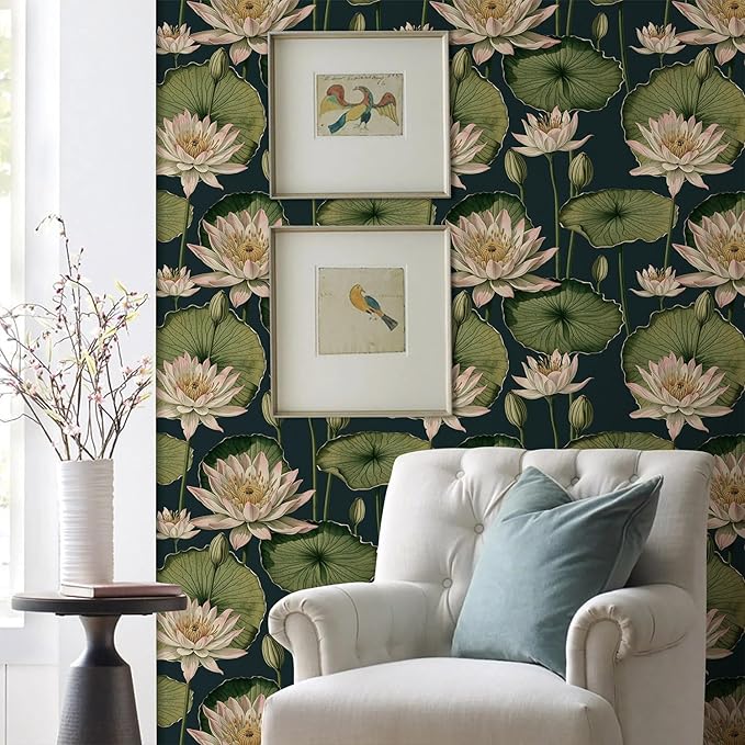 Orainege Vintage Floral Peel and Stick Wallpaper Floral Contact Paper 16.9"x196.8" Lotus Leaf Wallpaper Peel and Stick Self Adhesive Wall Paper for Bedroom Bathroom Covering Wall Decorative