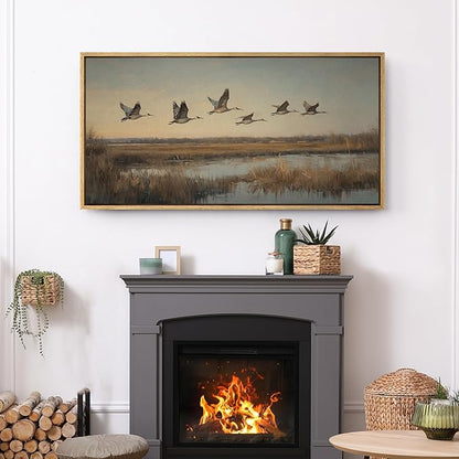 SIGNFORD Extra Large Framed Canvas Print Wall Art Flying Cranes Over Wetlands Vintage Nature Bird Scene Illustrations Modern Art Relax/Calm Warm for Living Room, Bedroom, Office - 60"x30"