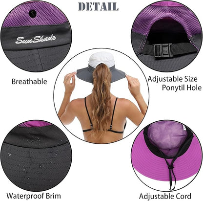 Womens Summer Sun Hat Beach Hat Wide Brim Outdoor UV Protection Hat Foldable Cool Mesh Ponytail Bucket Hat