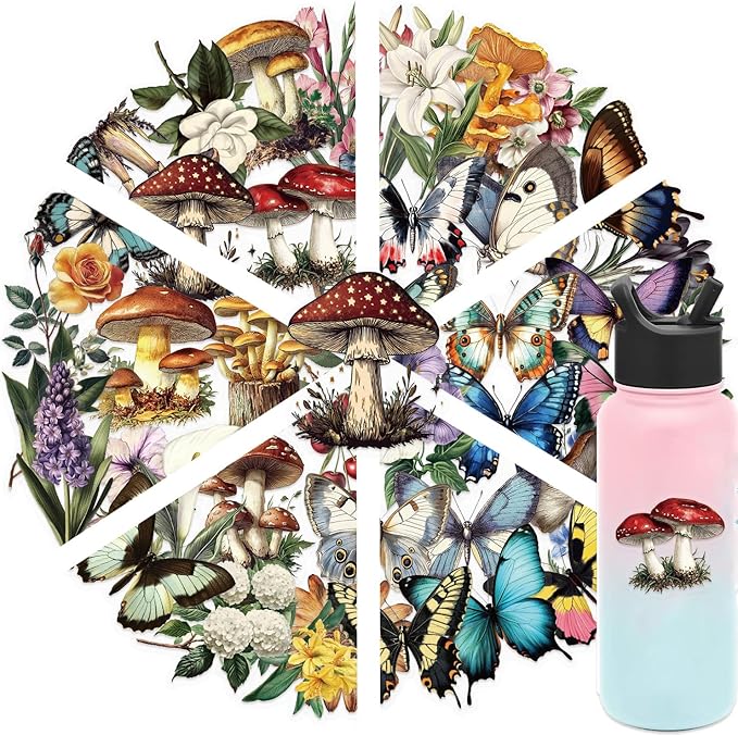 50 Pcs Colorful Butterfly Stickers, Aesthetic Retro Decals Transparent PET Waterproof Decals, Cartoon Aesthetic Stickers for Water Bottles, Laptops, Scrapbooks, Journals, Planners