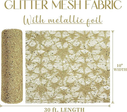 MEEDEE Gold Glitter Mesh Star Web Ribbon 10 Inch Wide by 10 Yards Roll Gold Mesh Fabric Ribbons Decorative Mesh Ribbon for Christmas Tree, Garland, Holiday Crafts, Wreaths, Bows, Home Decor