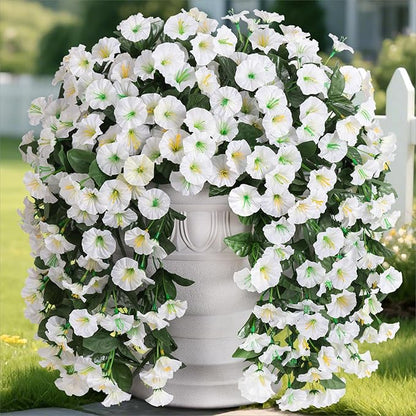 Artificial Faux Hanging Plants Flowers for Winter Christmas Outdoor Outside Decor, 2 PCS Fake Silk White Morning Glory Long Vines UV Resistant Look Real for Home Porch Patio Balcony Planter Decoration