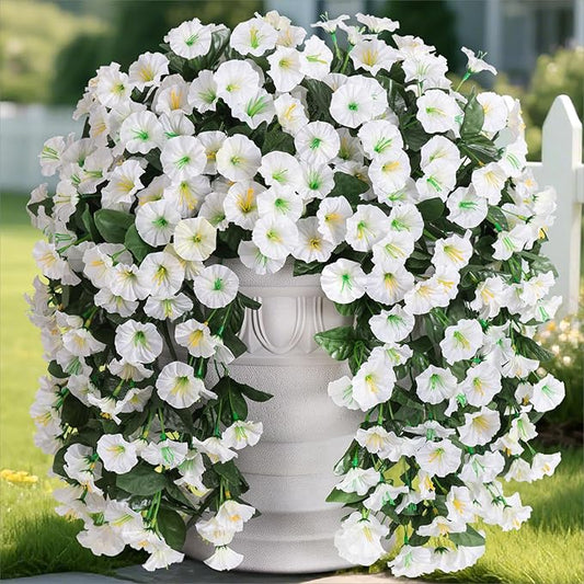 Artificial Faux Hanging Plants Flowers for Winter Christmas Outdoor Outside Decor, 2 PCS Fake Silk White Morning Glory Long Vines UV Resistant Look Real for Home Porch Patio Balcony Planter Decoration