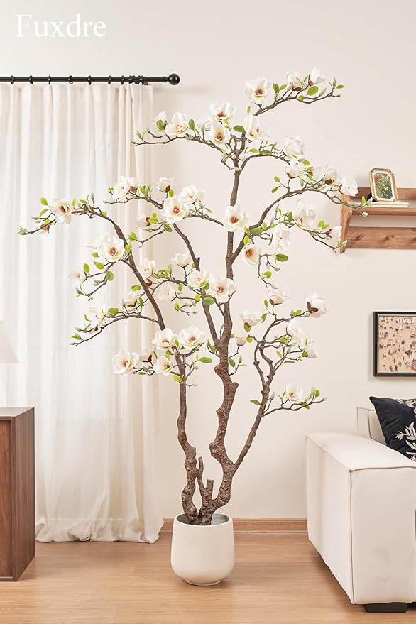 Artificial Magnolia Tree, 6.8FT Tall Fake Indoor Tree, Realistic Real Touch Leaves and Flowers Perfect for Indoor Decor, Living Room, Door, Office and Hotel Decor (White)
