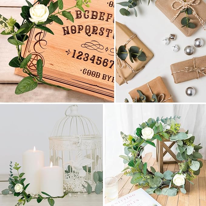 Artificial Greenery Stems Set 110 Pcs 8 Kinds of Faux Eucalyptus Stems and Flowers Fake Silver Dollar Eucalyptus Leaves Stems Bulk for Wedding DIY Bouquets Vase Table Centerpieces Decor