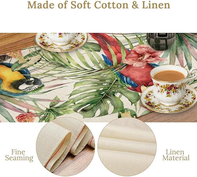 Parrot Table Runner,Tropical Palm Leaf Colorful Macaw Bird Watercolor Print Tablecloth Burlap for Hotel Indoors Outdoor Dining Room Kitchen Home Decor,W13X L90 in