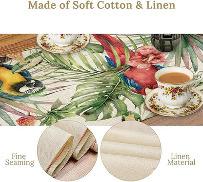 Parrot Table Runner,Tropical Palm Leaf Colorful Macaw Bird Watercolor Print Tablecloth Burlap for Hotel Indoors Outdoor Dining Room Kitchen Home Decor,W13X L90 in