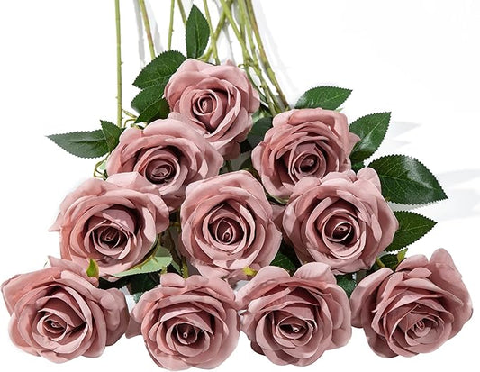 DuHouse 10pcs Silk Roses Artificial Flowers Fake Rose for Arrangement Wedding Party Home Decoration (Dusty Rose)