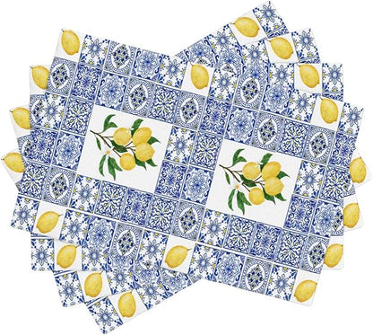Lemon Table Placemats Set of 4 Blue Tile Print Linen Placemats for Indoor Outdoor Party Home Desktop Kitchen Dining Room Decor 12x18 Inch