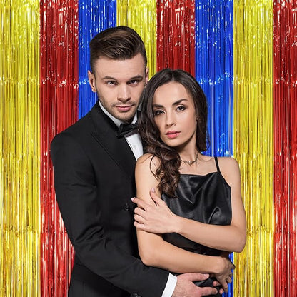 3 Pack 3.3 x 8.2 ft Blue Red Gold Foil Fringe Backdrop Curtains, Tinsel Streamers Party Decorations, Fringe Backdrop, Door Shimmer for Birthday Party