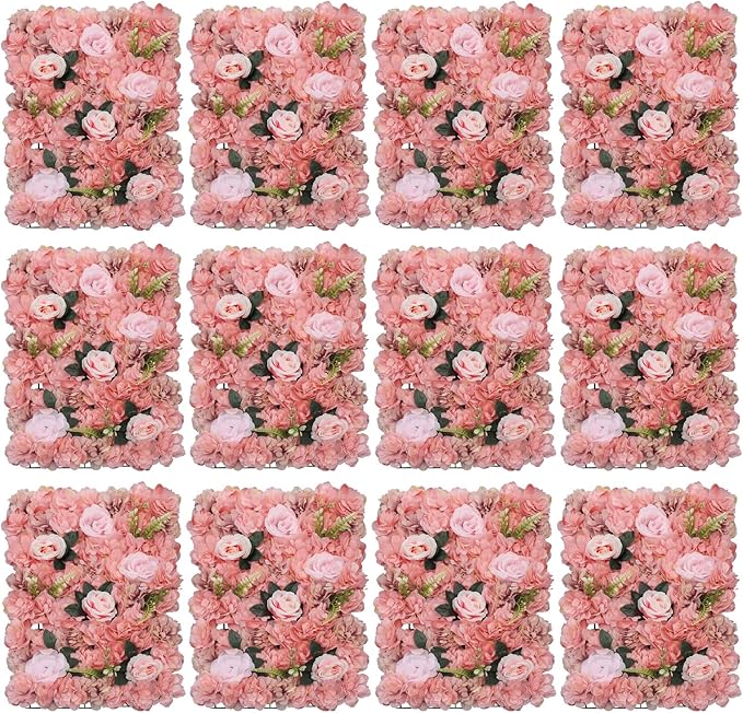 LOYALHEARTDY 12 Pack Artificial Flower Wall Panels 24" x 16" Flower Wall Panel Wall Backdrop Faux Hydrangea and Rose Flower Backdrop Panels for Flower Wall Decor Wedding Party Event Decoration