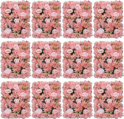 LOYALHEARTDY 12 Pack Artificial Flower Wall Panels 24" x 16" Flower Wall Panel Wall Backdrop Faux Hydrangea and Rose Flower Backdrop Panels for Flower Wall Decor Wedding Party Event Decoration