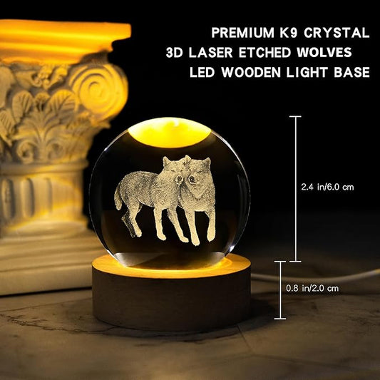 3D Wolf Crystal Ball with LED Light Base, 60mm Glass Sphere Decorative Balls, Wolf Figurine Lamp Gifts for Women Kids