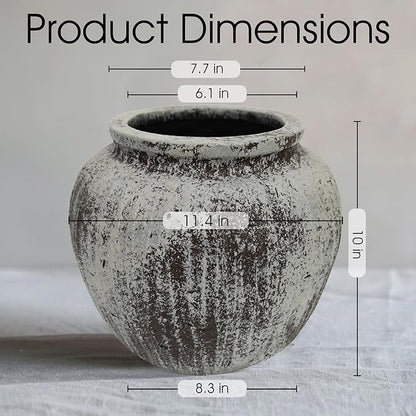 Oakrain Large Rustic Minimalist Vase, 11" Distressed Round Floor Vase for Home Decor, Farmhouse Centerpieces Planters for Living Room Indoor Outdoor Use, Gray