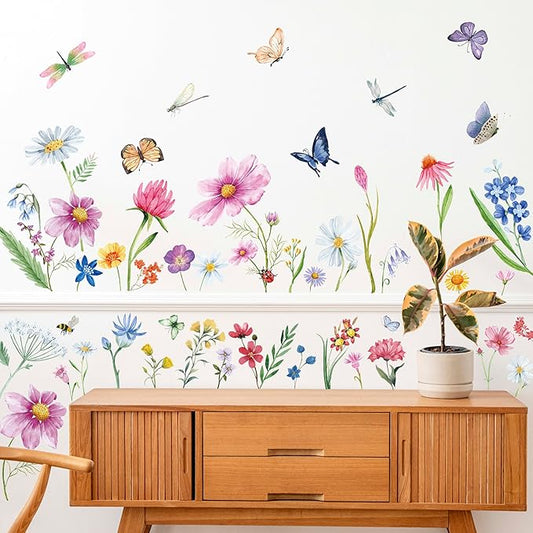 9 Pcs Flowers Wall Decals Peel and Stick, Colorful Wildflower Dragonflies Floral Wall Stickers for Living Room Bedroom Baby Nursery