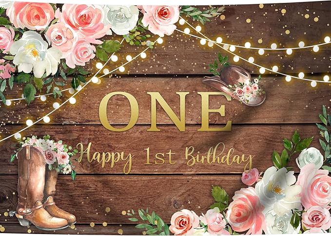 SVBright Cowgirl First Birthday Backdrop 5Wx3H Western Rustic Country Retro Wooden Plank Pink Flower Happy Birthday Baby Shower Wood Hat Decorations Photography Background Banner Photo Booth Studio