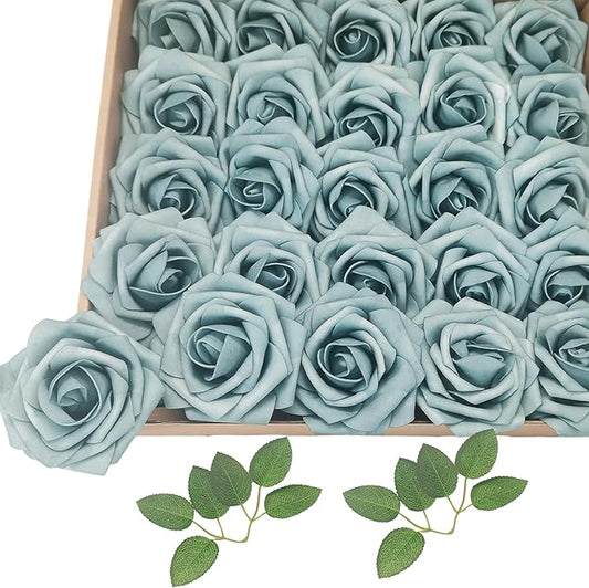 Artificial Rose Flowers 25pcs, Dusty Sea Blue Foam Fake Rose Faux Flower for Wedding Bouquets Bridal Shower Centerpieces Floral Arrangements Home Decorations Party Backdrops Table