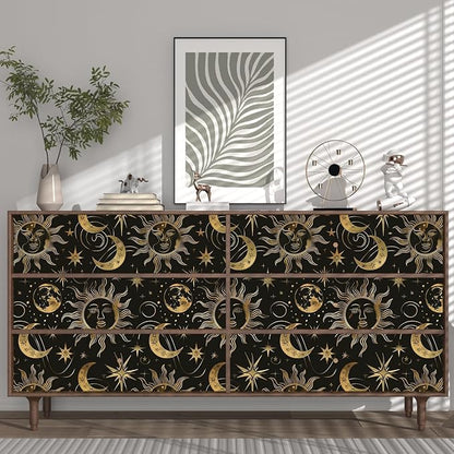 Black Peel and Stick Removable Vintage Wallpaper Gold Celestial Sun Moon Star Contact Paper 17.5" x 393" Dark Boho Mural Waterproof for Wall Bedroom Kitchen Bathroom Cabinet Room Decor