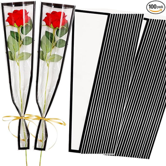 BEISHIDA 100 PCS Single Rose Sleeve Single Flower Wrapping Bags Single Rose Packaging Cellophane Flower Sleeves for Florist Bouquet Supplies, Mother's Day, Valentine's Day,Wedding Gift(Pink Edge)