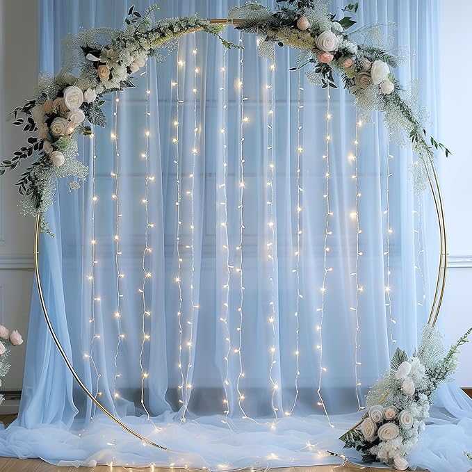 30ft x 10ft Blue Backdrop Curtain with Lights String for Parties, Sheer Tulle Wedding Photo Backdrops Drapes for Baby Shower Birthday Party Decorations Background for Photography
