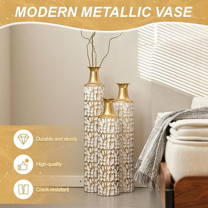 Floor Oversized Gold Metal Decorative Vase with 3D Triangle Pattern Set of 3 Large Vases for Home Living Room 33.5 ", 29.5 ", 25.2" High (Antique White)