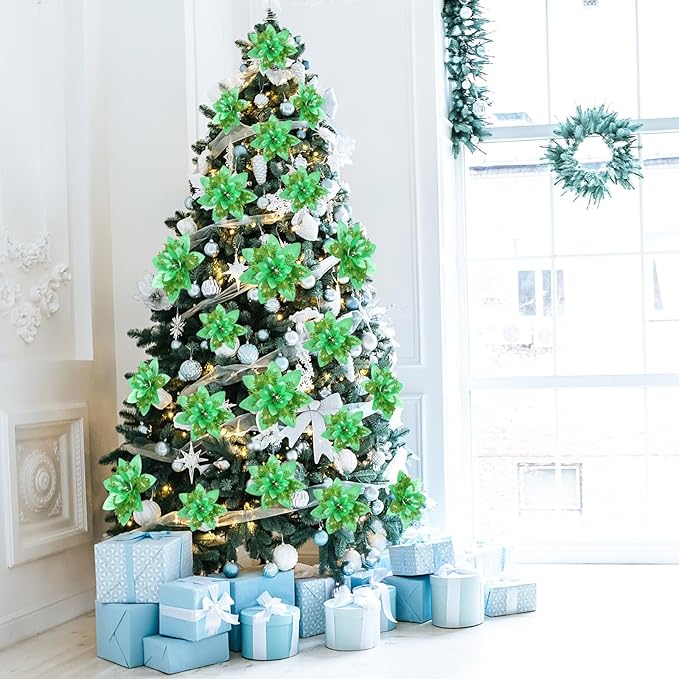Geosar 36 Pcs Christmas Glitter Artificial Poinsettia Flowers Xmas Poinsettia Artificial Wedding Flowers Decorations Xmas Tree Ornaments with Clips for Party, 6 Inch, 4 Inch, 3 Inch(Emerald Green)
