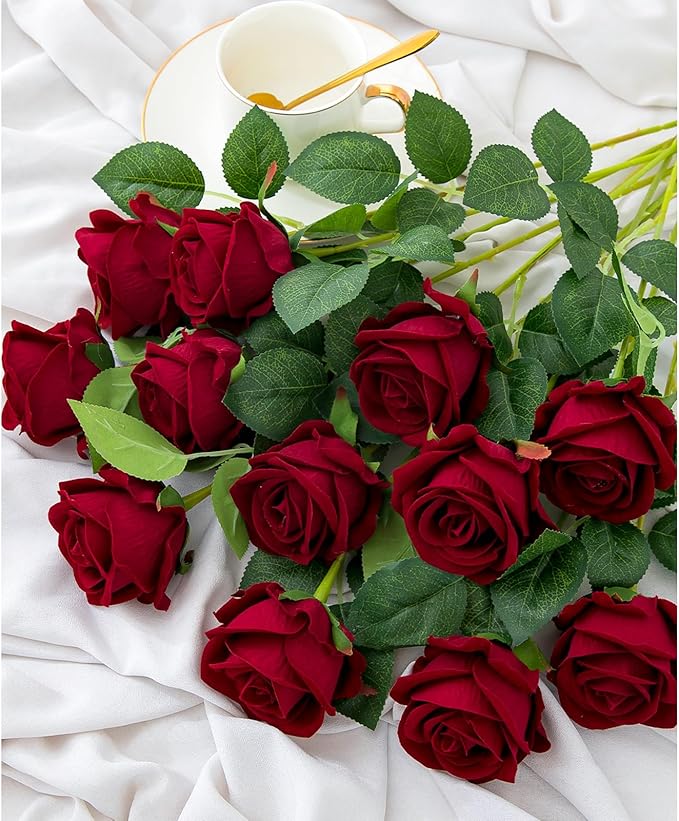 12PCS Artificial Roses Silk Flowers Fake Roses Bouquet Long Stem for Home Wedding Decoration Party (Wine)