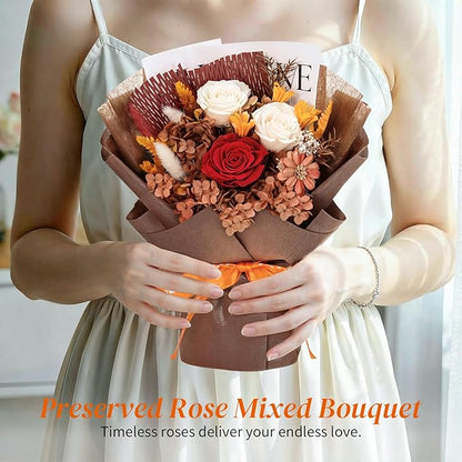 Lewondr Flower for Delivery, Preserved Flowers Bouquet, White Roses Bouquet, Real Long-Lasting Forever Birthday Flowers Gifts for Her Best Friend Mothers Day Christmas Graduation, White-Orange