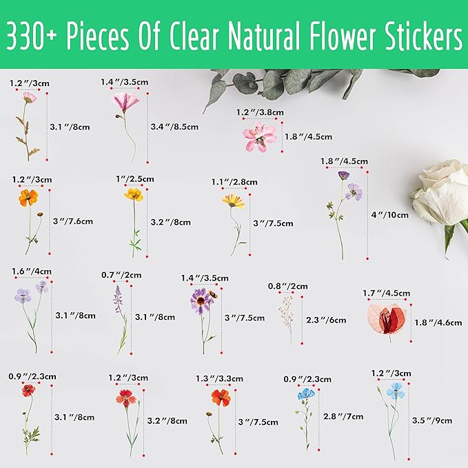 330+ PCS Natural Flower Stickers, Self-Adhesive PVC Nature Floral Stickers for Scrapbook, Laptop, Journal, DIY Project, Spring Themed Party Decors