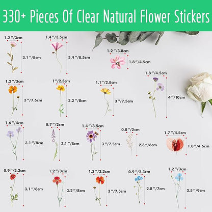 330+ PCS Natural Flower Stickers, Self-Adhesive PVC Nature Floral Stickers for Scrapbook, Laptop, Journal, DIY Project, Spring Themed Party Decors