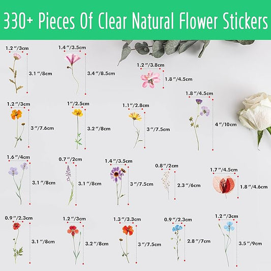 330+ PCS Natural Flower Stickers, Self-Adhesive PVC Nature Floral Stickers for Scrapbook, Laptop, Journal, DIY Project, Spring Themed Party Decors
