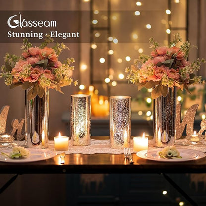 Glasseam Cylinder Vases for Centerpieces Bulk: Set of 24 Silver Mercury Glass Vases for Flowers Floating Candle Vases for Flowers Hurricane Candle Holders for Table Centerpiece Wedding Decor